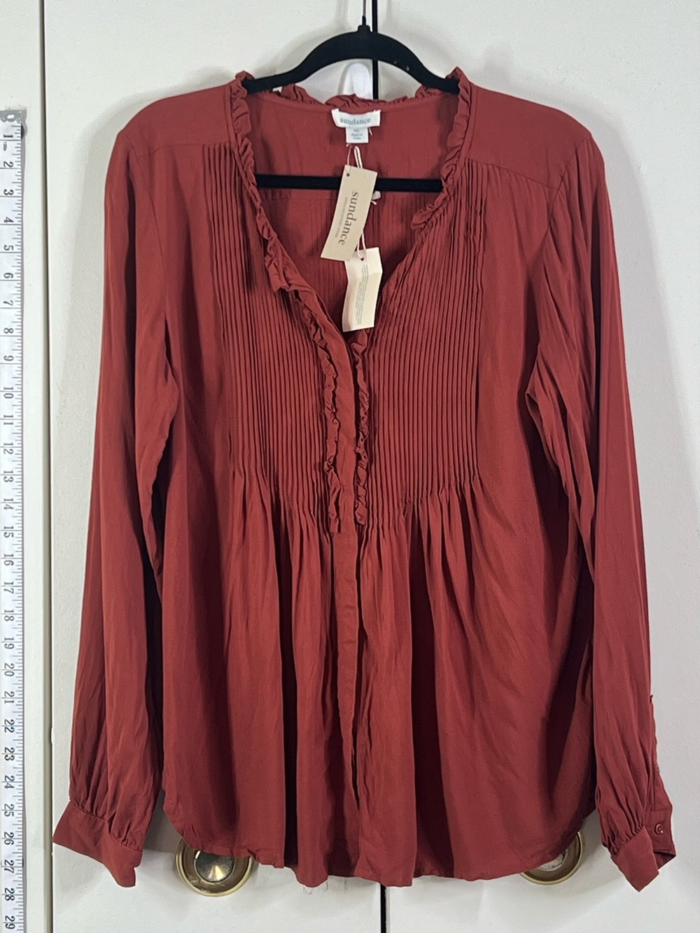 Sundance Sierra Blouse Petite Large PL Brick Rust Pintuck Ruffle